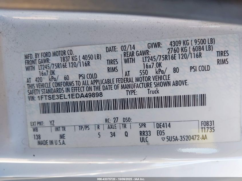 2014 Ford E-350 Super Duty Commercial VIN: 1FTSE3EL1EDA49898 Lot: 43375720