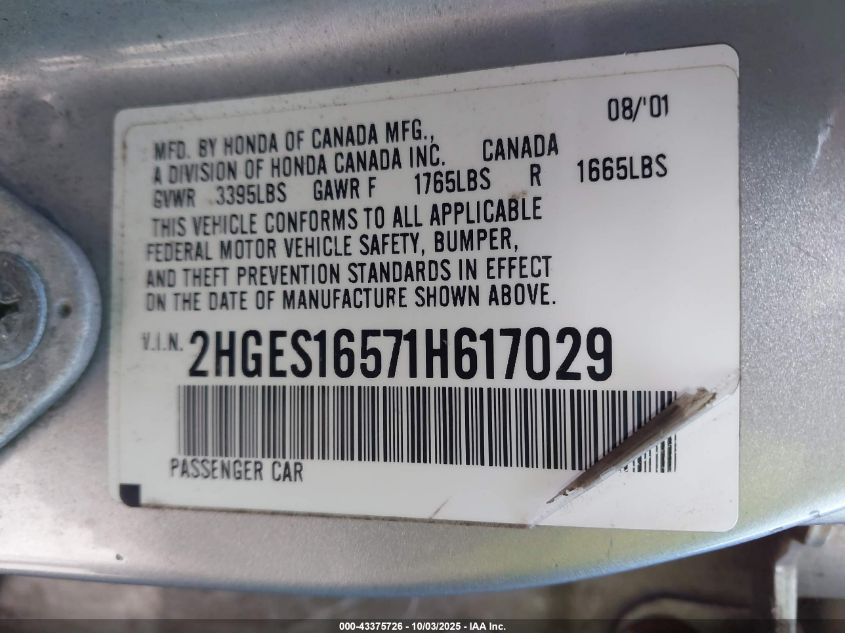 2001 Honda Civic Lx VIN: 2HGES16571H617029 Lot: 43375726