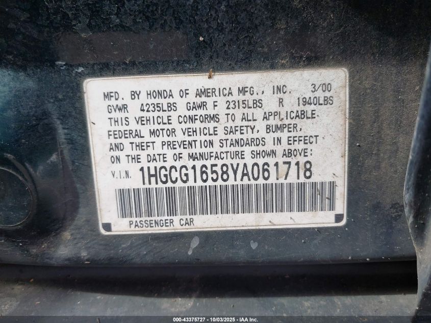 2000 Honda Accord 3.0 Ex VIN: 1HGCG1658YA061718 Lot: 43375727