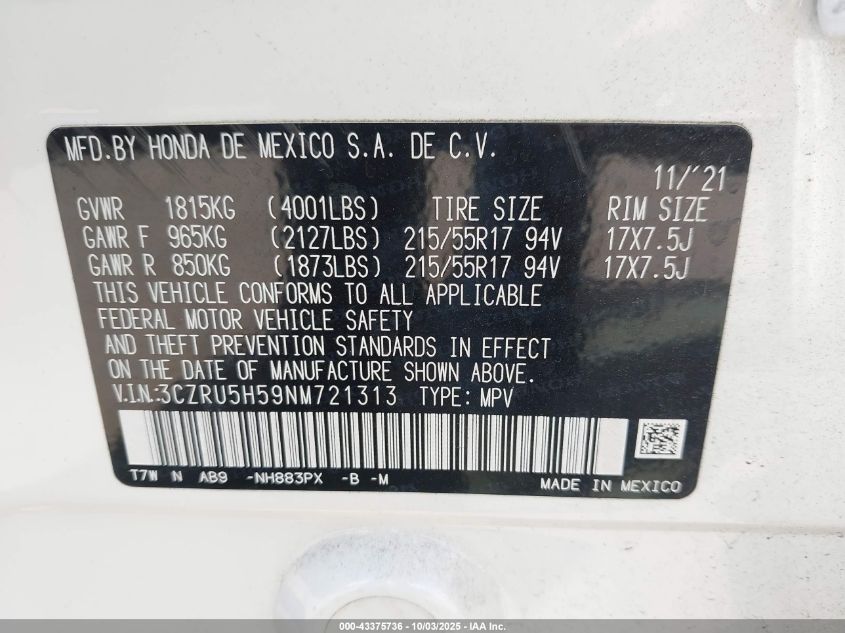 2022 Honda Hr-V 2Wd Ex VIN: 3CZRU5H59NM721313 Lot: 43375736