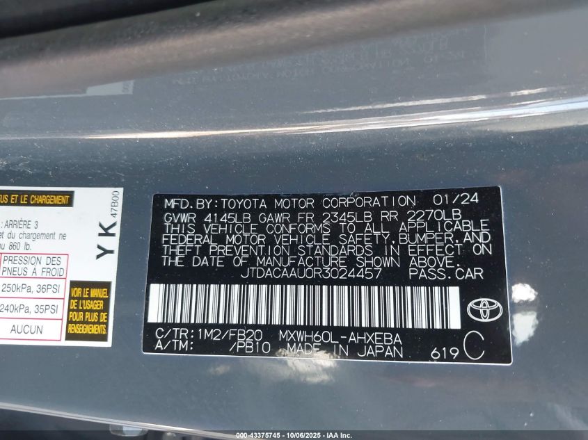 2024 Toyota Prius Le VIN: JTDACAAU0R3024457 Lot: 43375745
