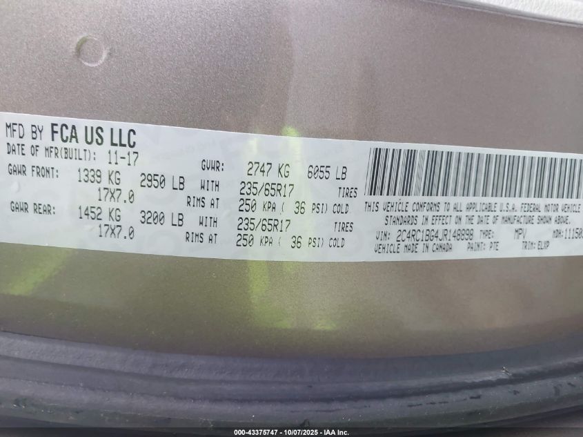 2018 Chrysler Pacifica Touring L VIN: 2C4RC1BG4JR148898 Lot: 43375747