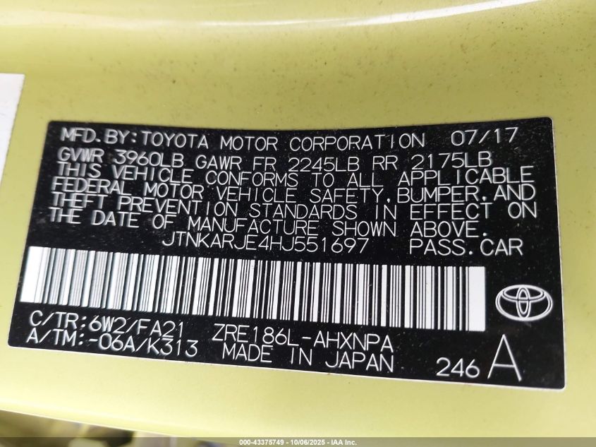 2017 Toyota Corolla Im VIN: JTNKARJE4HJ551697 Lot: 43375749