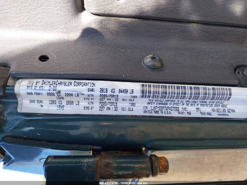 1999 Jeep Wrangler Se VIN: 1J4FY29P7XP457592 Lot: 43375750