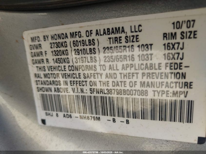 2008 Honda Odyssey Ex-L VIN: 5FNRL38798B007088 Lot: 43375756
