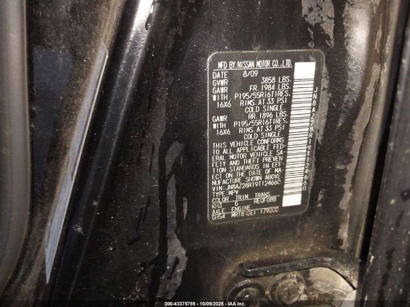 2009 Nissan Cube 1.8Sl VIN: JN8AZ28R19T124660 Lot: 43375759