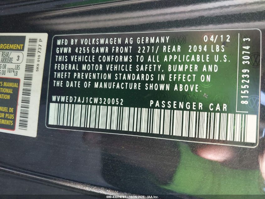 2012 Volkswagen Gti 2-Door VIN: WVWED7AJ1CW320052 Lot: 43375761