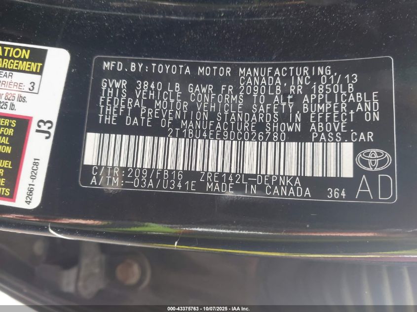 2013 Toyota Corolla Le VIN: 2T1BU4EE9DC026780 Lot: 43375763