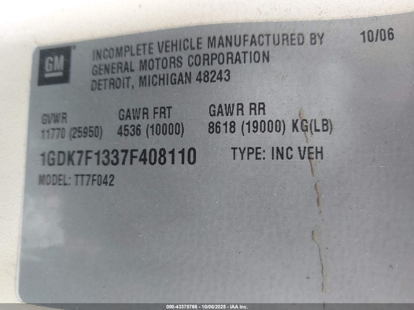 2007 GMC Tt7500 VIN: 1GDK7F1337F408110 Lot: 43375766