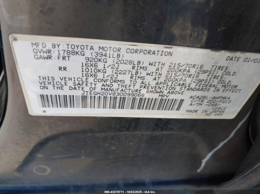 2003 Toyota Rav4 VIN: JTEGH20V830099066 Lot: 43375771