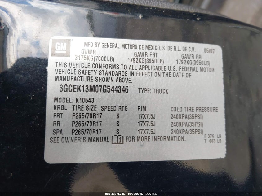 2007 Chevrolet Silverado 1500 Lt1 VIN: 3GCEK13M07G544346 Lot: 43375785