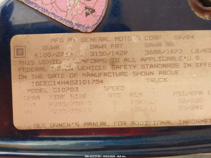 1995 Chevrolet Gmt-400 C1500 VIN: 1GCEC14H4SZ101754 Lot: 43375795