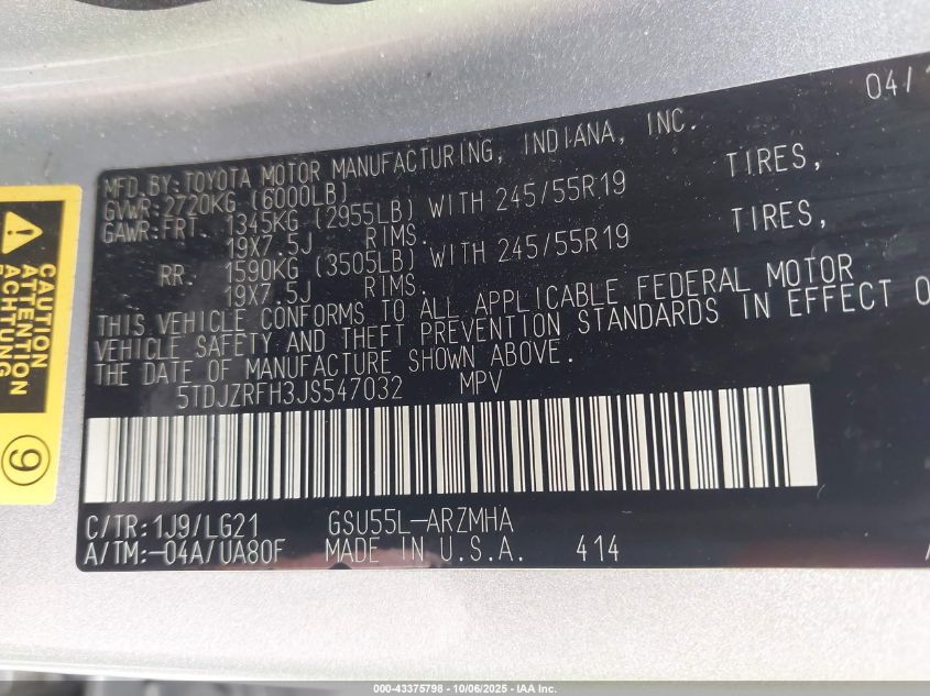 2018 Toyota Highlander Se VIN: 5TDJZRFH3JS547032 Lot: 43375798