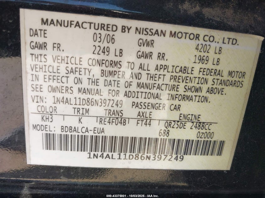 2006 Nissan Altima 2.5 S VIN: 1N4AL11D86N397249 Lot: 43375801