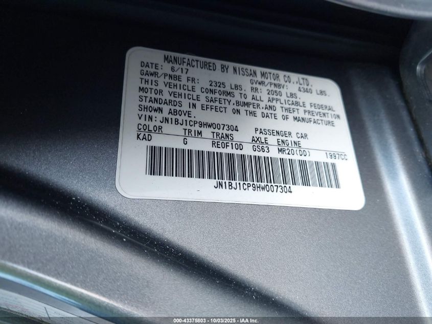 2017 Nissan Rogue Sport Sv VIN: JN1BJ1CP9HW007304 Lot: 43375803