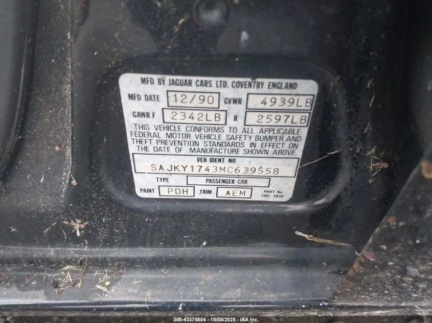 1991 Jaguar Xj6 Vanden Plas VIN: SAJKY1743MC639558 Lot: 43375804