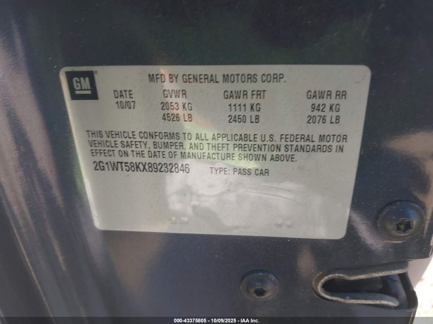 2008 Chevrolet Impala Lt VIN: 2G1WT58KX89232846 Lot: 43375805