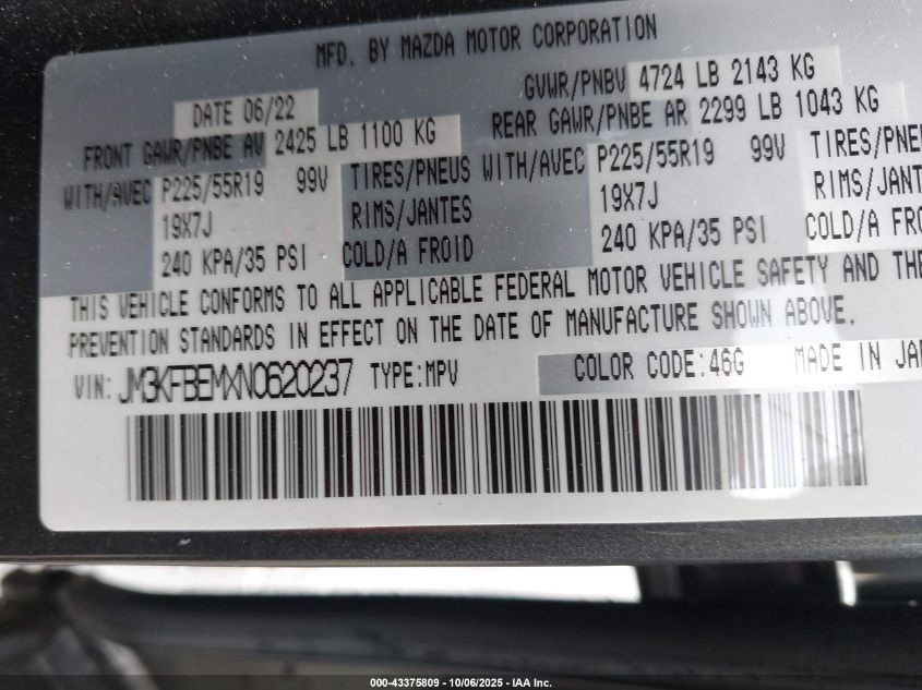 2022 Mazda Cx-5 2.5 S Premium Plus VIN: JM3KFBEMXN0620237 Lot: 43375809