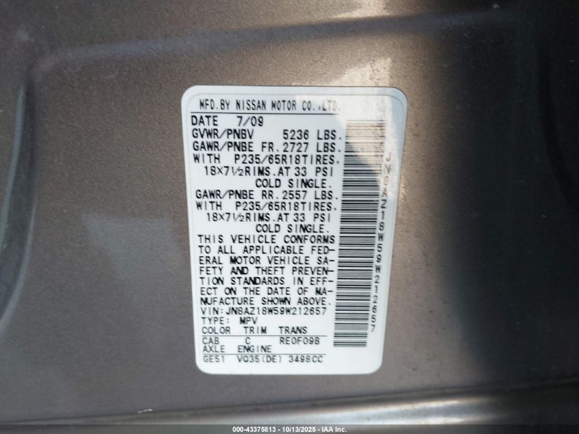 2009 Nissan Murano S VIN: JN8AZ18W59W212657 Lot: 43375813