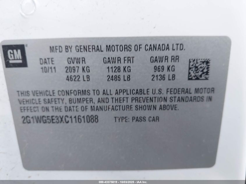 2013 Chevrolet Impala Lt VIN: 2G1WG5E37D1216954 Lot: 43375819