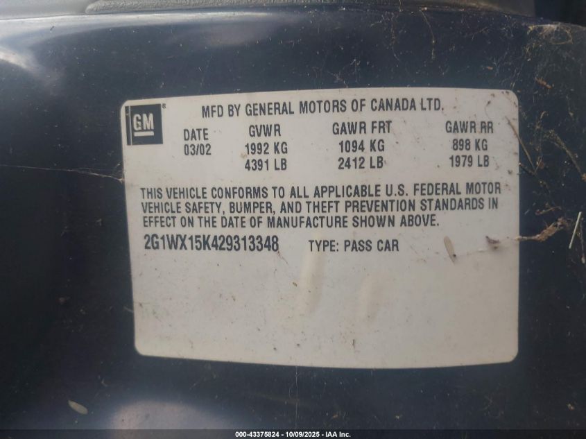 2002 Chevrolet Monte Carlo Ss VIN: 2G1WX15K429313348 Lot: 43375824
