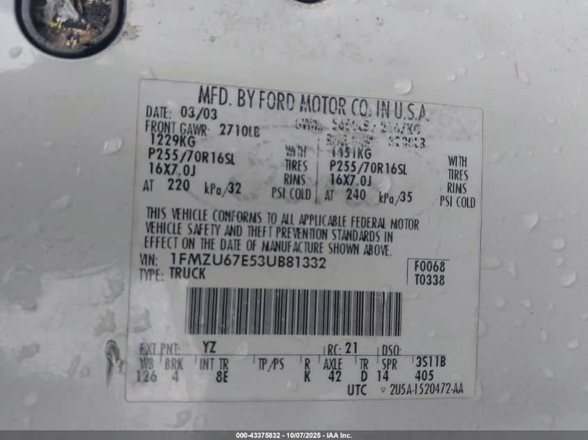 2003 Ford Explorer Sport Trac Xls/Xlt VIN: 1FMZU67E53UB81332 Lot: 43375832