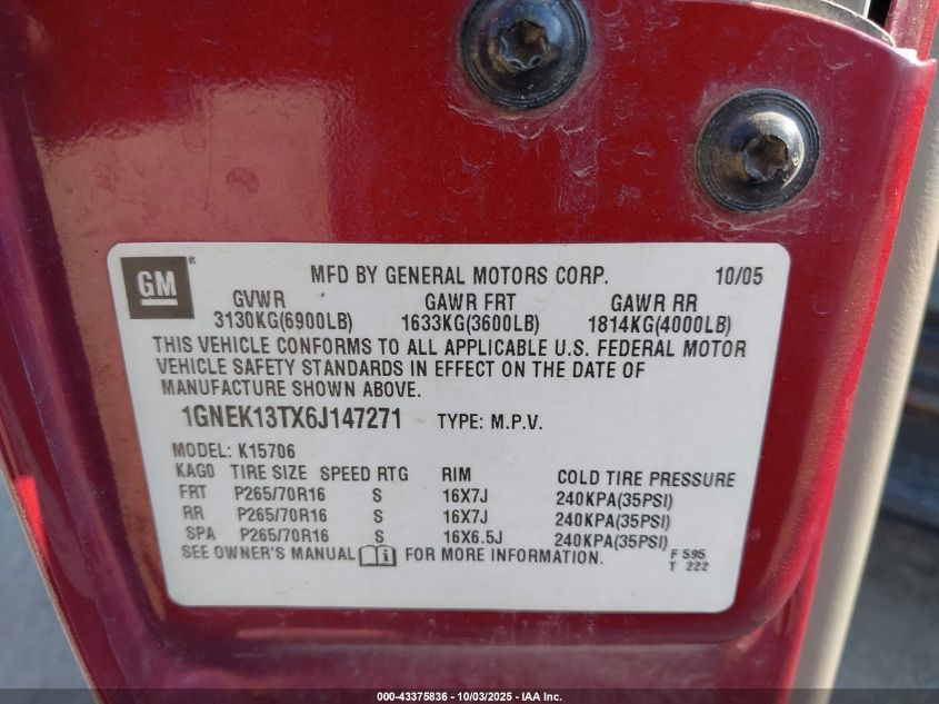 2006 Chevrolet Tahoe Ls VIN: 1GNEK13TX6J147271 Lot: 43375836