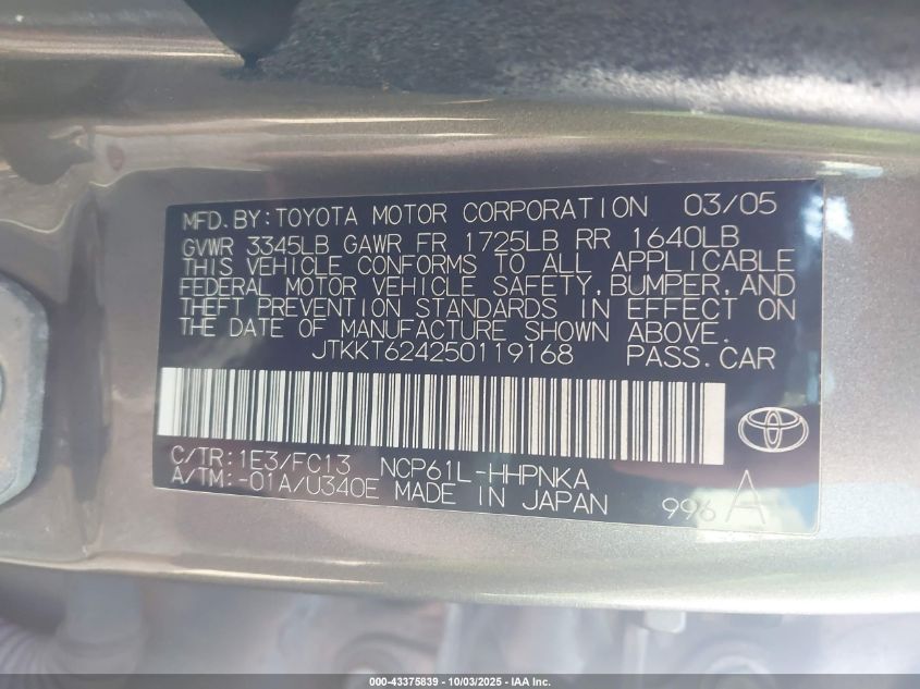 2005 Scion Xa VIN: JTKKT624250119168 Lot: 43375839