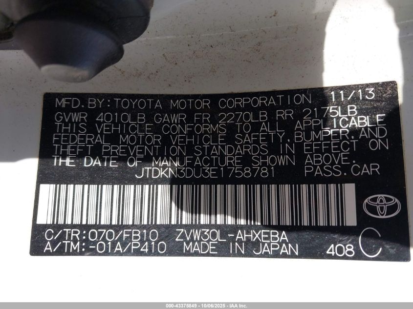 2014 Toyota Prius Three VIN: JTDKN3DU3E1758781 Lot: 43375849