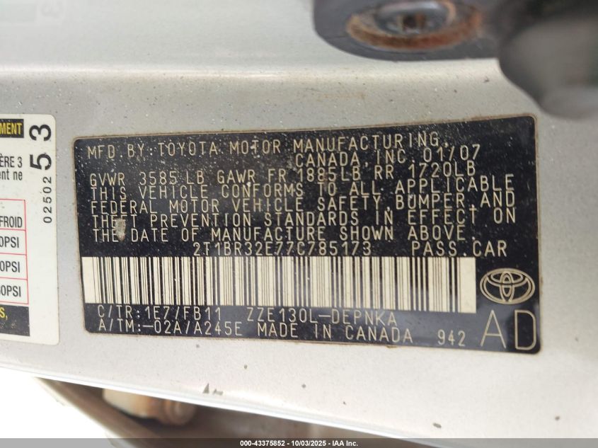 2007 Toyota Corolla Le VIN: 2T1BR32E77C785173 Lot: 43375852