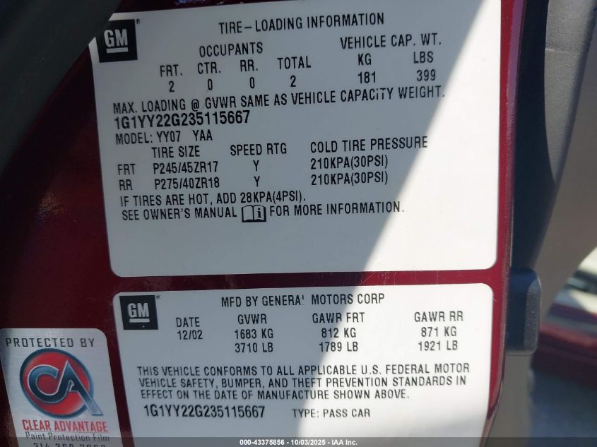 2003 Chevrolet Corvette VIN: 1G1YY22G235115667 Lot: 43375856