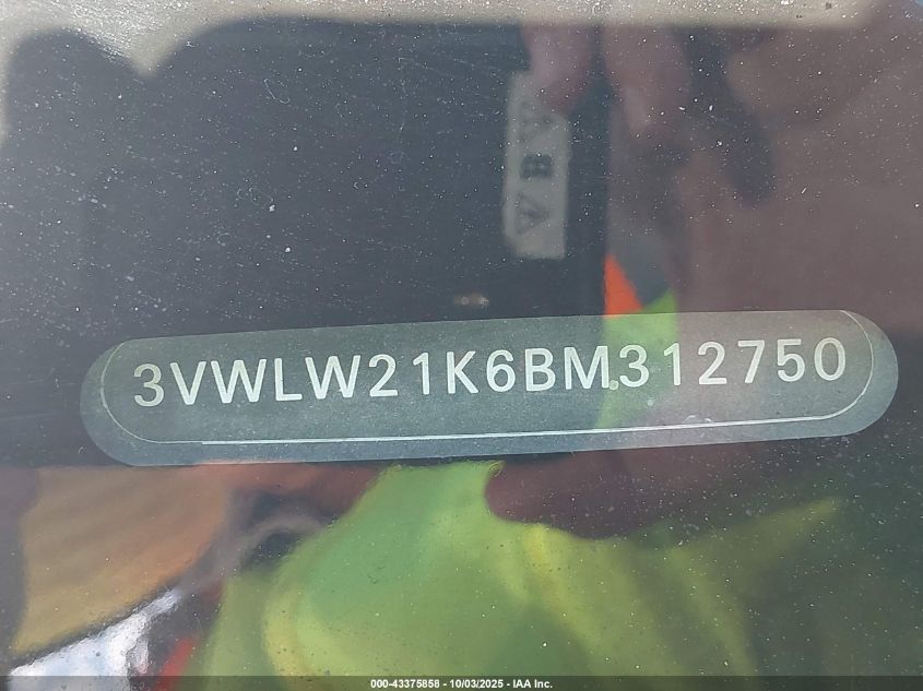 2011 Volkswagen Jetta VIN: 3VWLW21K6BM312750 Lot: 43375858