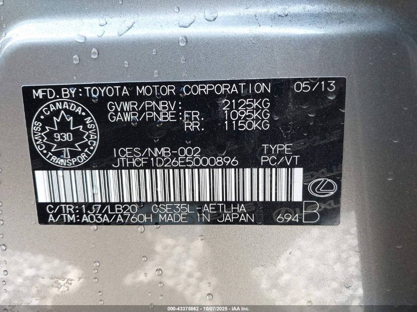 2014 Lexus Is 250 VIN: JTHCF1D26E5000896 Lot: 43375862