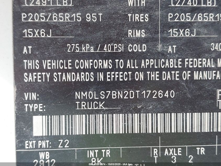 2013 Ford Transit Connect Xlt VIN: NM0LS7BN2DT172640 Lot: 43375874