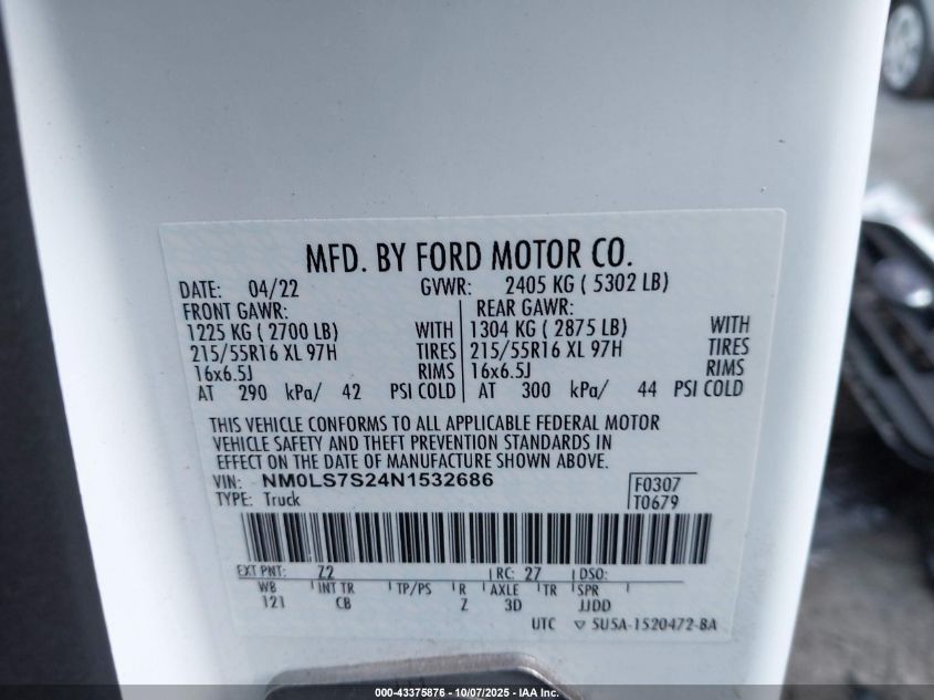 2022 Ford Transit Connect Xl VIN: NM0LS7S24N1532686 Lot: 43375876