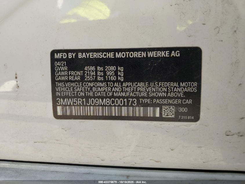 2021 BMW 330I VIN: 3MW5R1J09M8C00173 Lot: 43375879