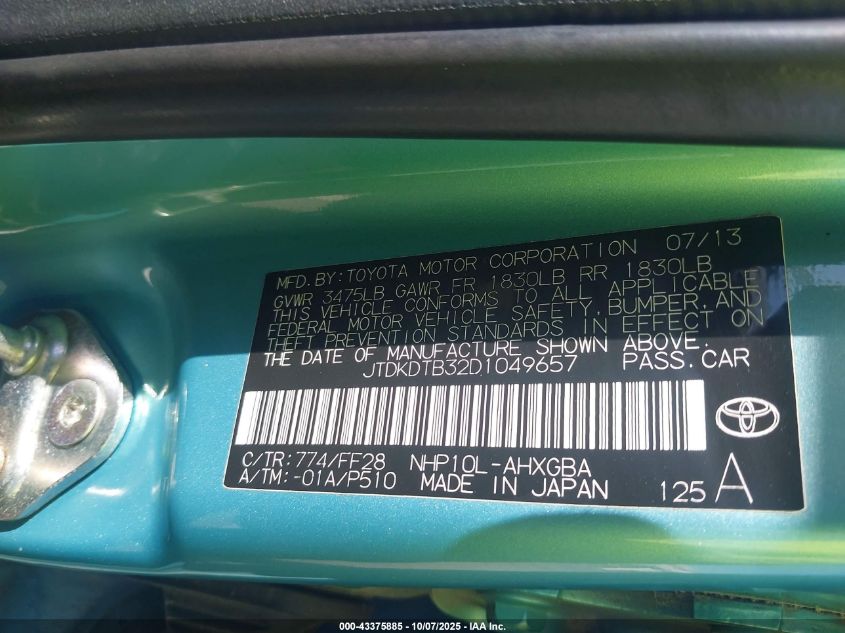2013 Toyota Prius C Three VIN: JTDKDTB32D1049657 Lot: 43375885