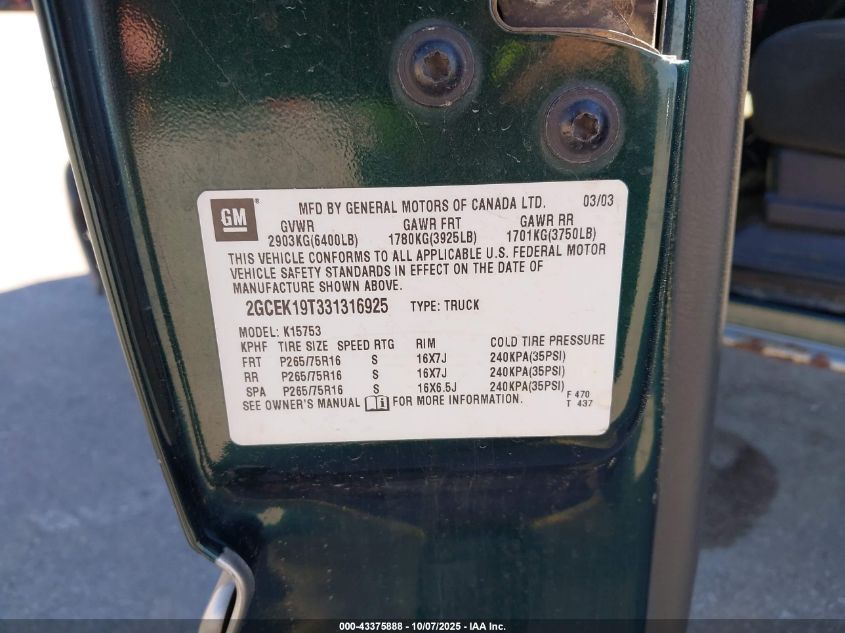 2003 Chevrolet Silverado 1500 Ls VIN: 2GCEK19T331316925 Lot: 43375888