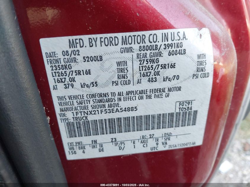 2003 Ford F-250 Lariat/Xl/Xlt VIN: 1FTNX21F53EA54885 Lot: 43375891