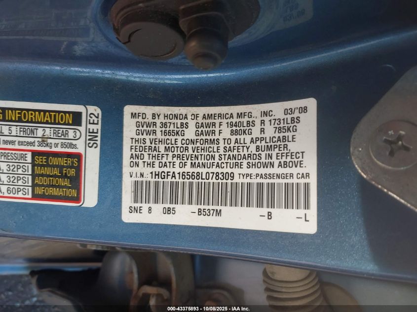 2008 Honda Civic Lx VIN: 1HGFA16568L078369 Lot: 43375893