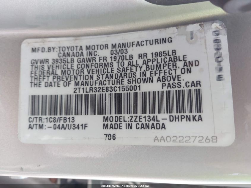 2003 Toyota Matrix Xr VIN: 2T1LR32E83C155001 Lot: 43375894