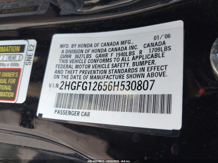 2006 Honda Civic Lx VIN: 2HGFG12656H530807 Lot: 43375913