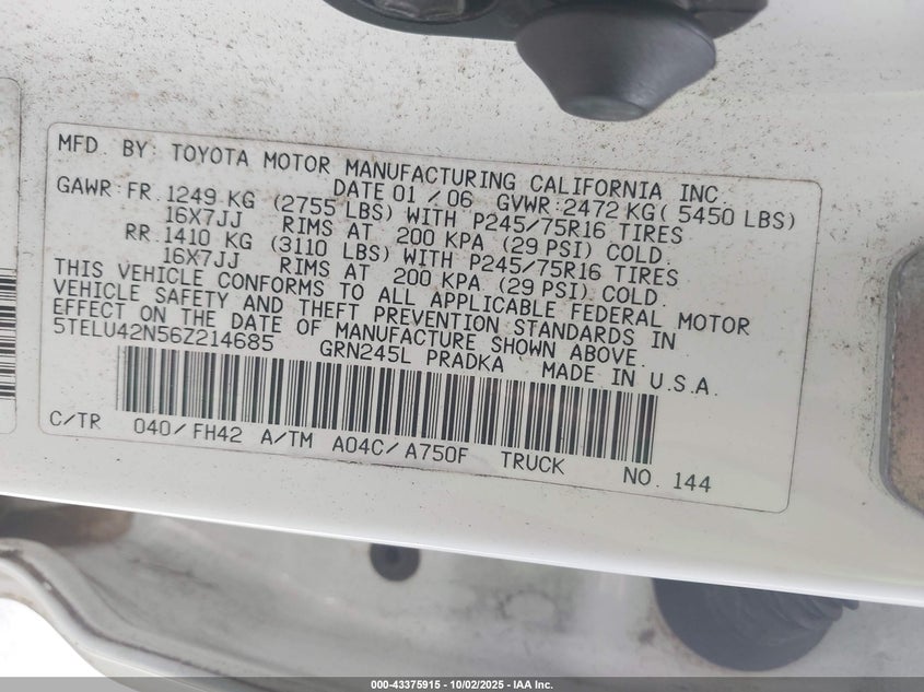 5TELU42N56Z214685 2006 TOYOTA TACOMA photo no. 9