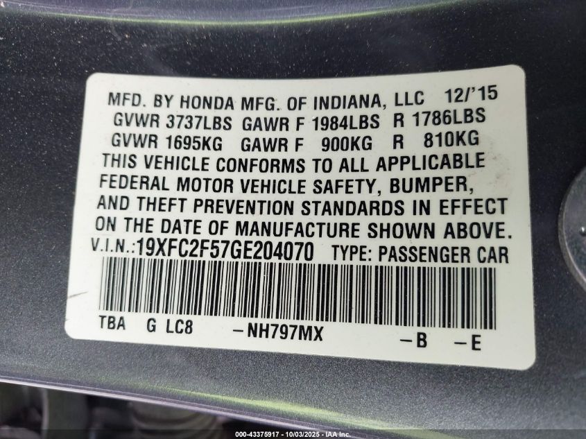 2016 Honda Civic Lx VIN: 19XFC2F57GE204070 Lot: 43375917