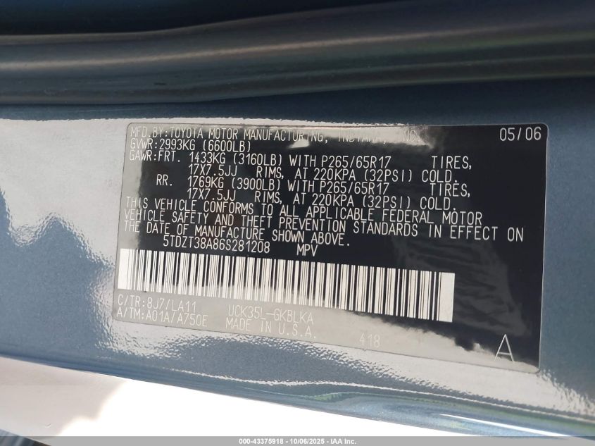 2006 Toyota Sequoia Limited V8 VIN: 5TDZT38A86S281208 Lot: 43375918