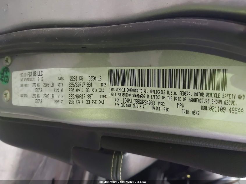 2016 Jeep Cherokee Latitude VIN: 1C4PJLCB8GW264083 Lot: 43375920