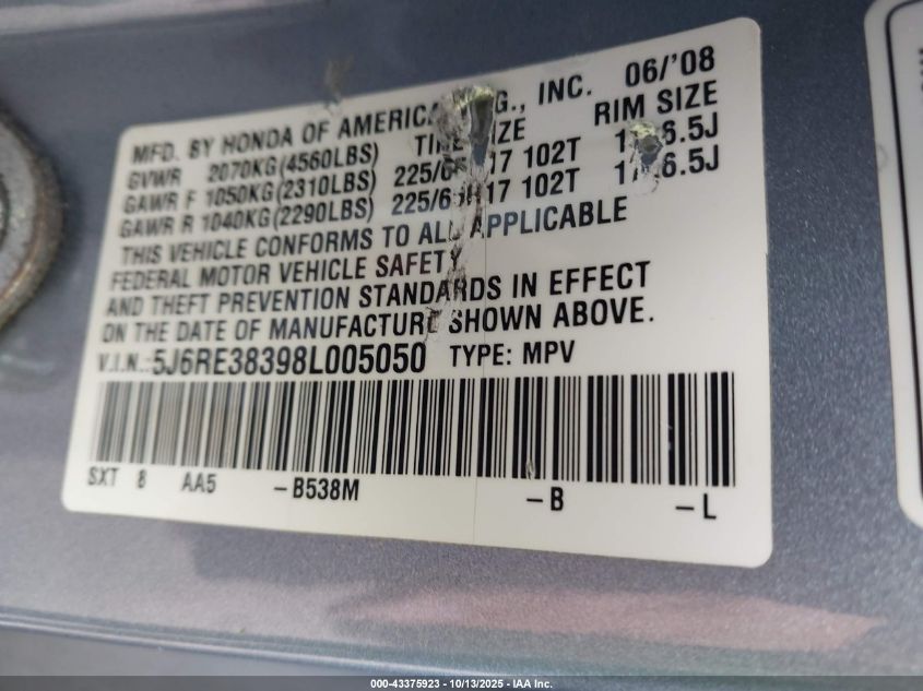 2008 Honda Cr-V Lx VIN: 5J6RE38398L005050 Lot: 43375923