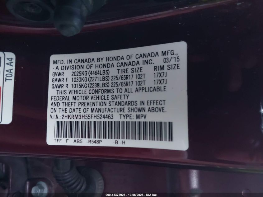 2015 Honda Cr-V Ex VIN: 2HKRM3H55FH524463 Lot: 43375925