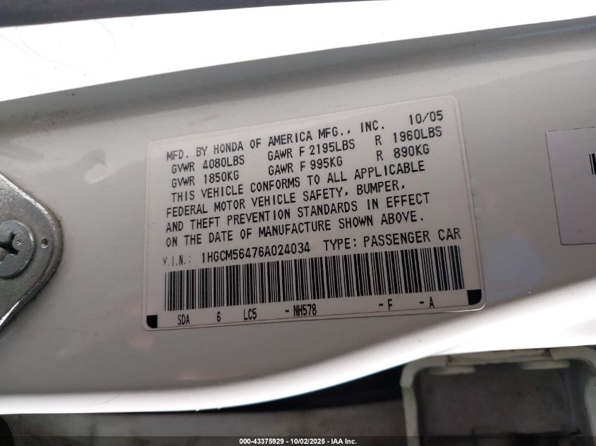 2006 Honda Accord 2.4 Lx VIN: 1HGCM56476A024034 Lot: 43375929