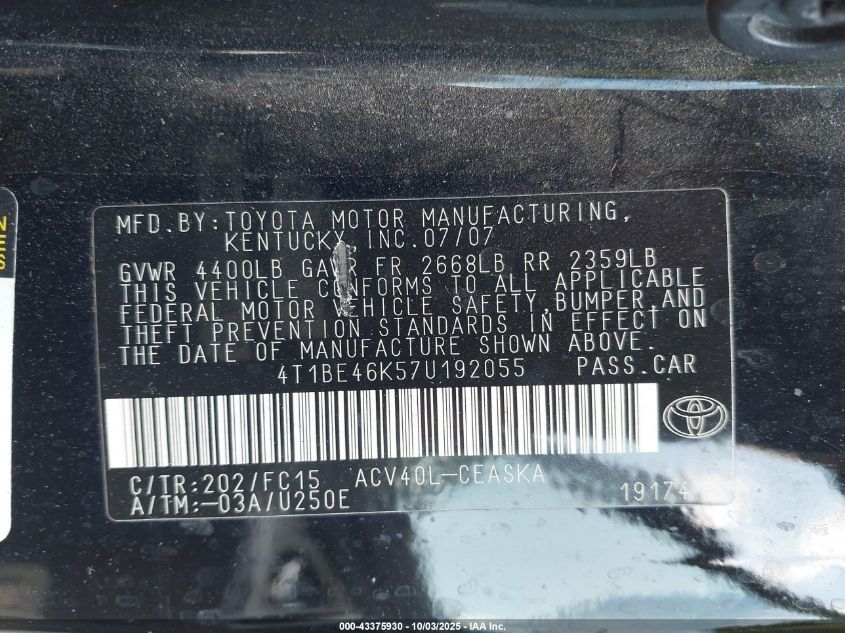 2007 Toyota Camry Se VIN: 4T1BE46K57U192055 Lot: 43375930